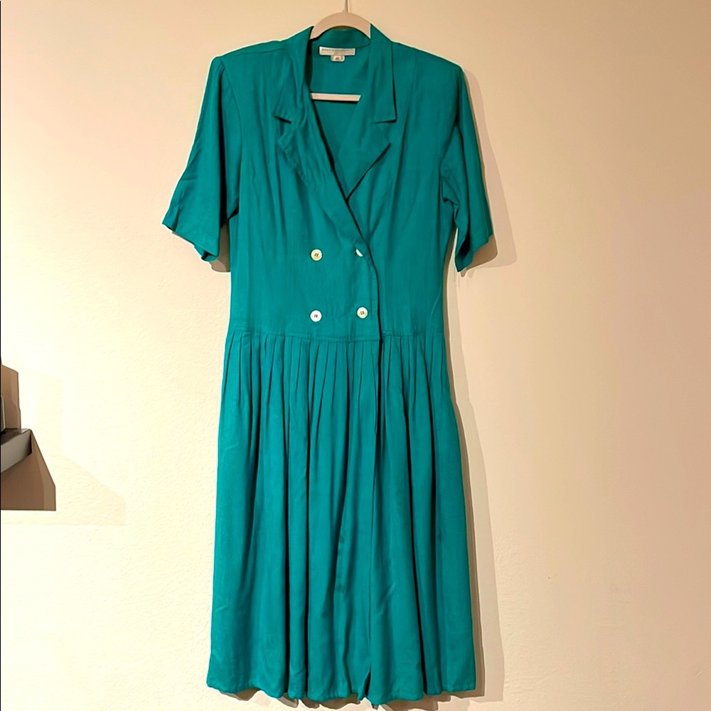 VINTAGE LINEN Teal Double-Breasted Pleated Dress